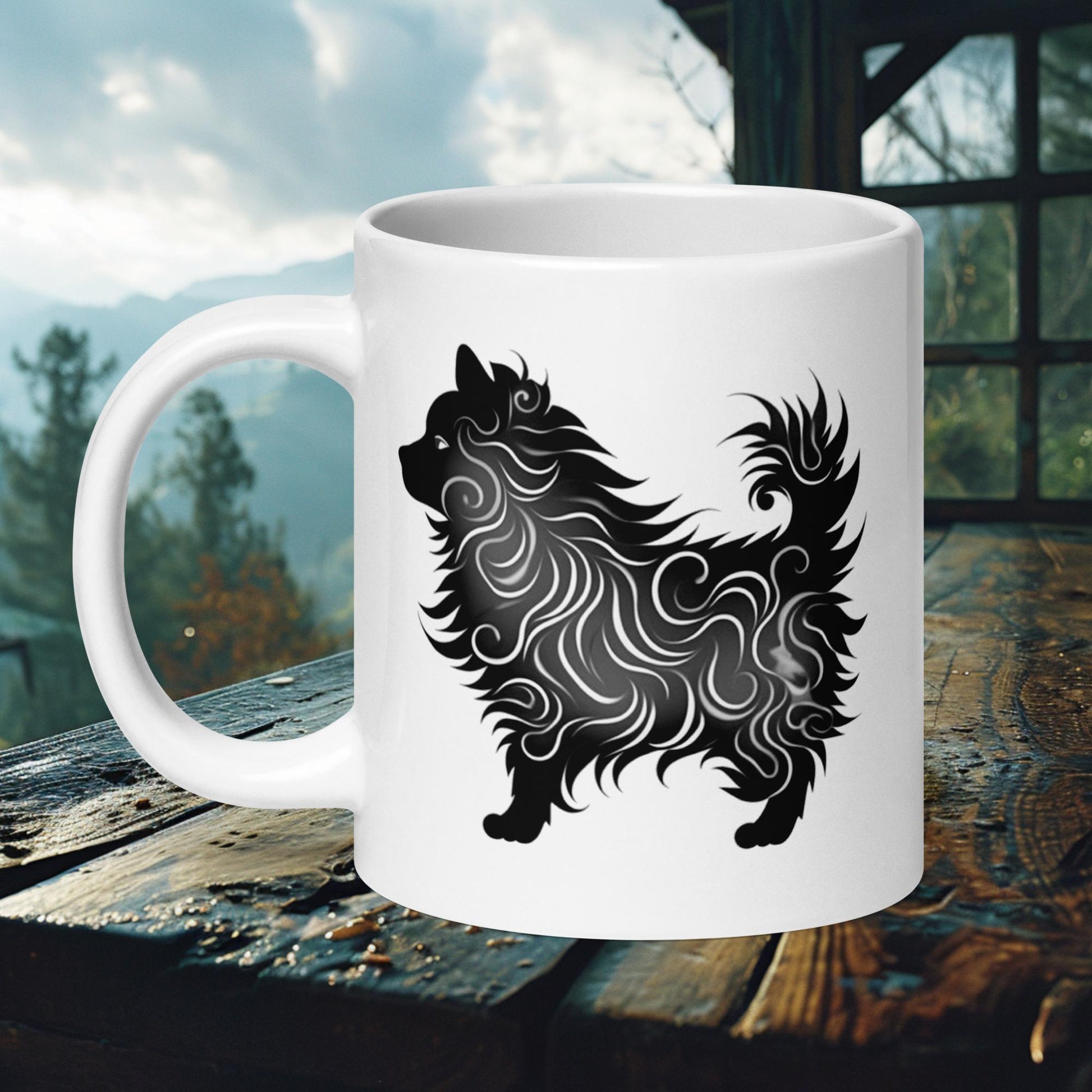 Ceramic mug featuring an abstract Finnish Lapphund design with swirl patterns in black and white, ideal for dog and art enthusiasts.