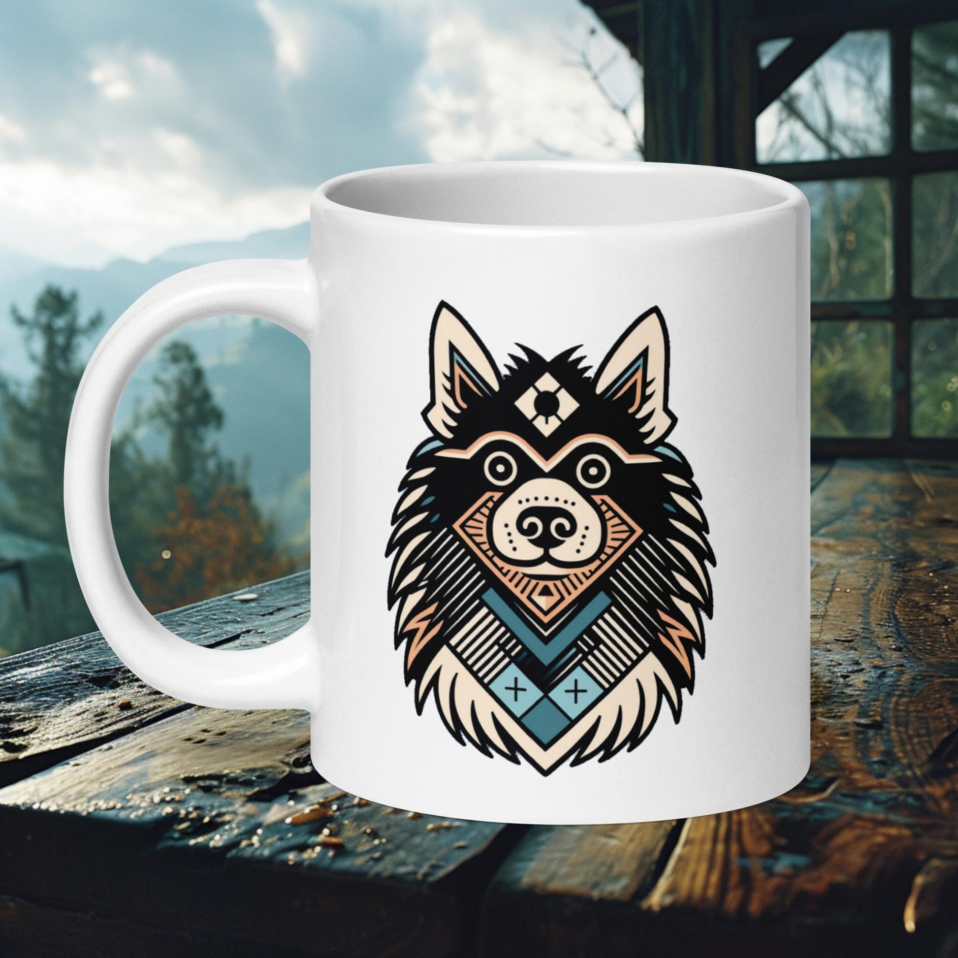 Ceramic mug featuring a tribal geometric Finnish Lapphund design in bold colors, perfect for art and dog lovers.