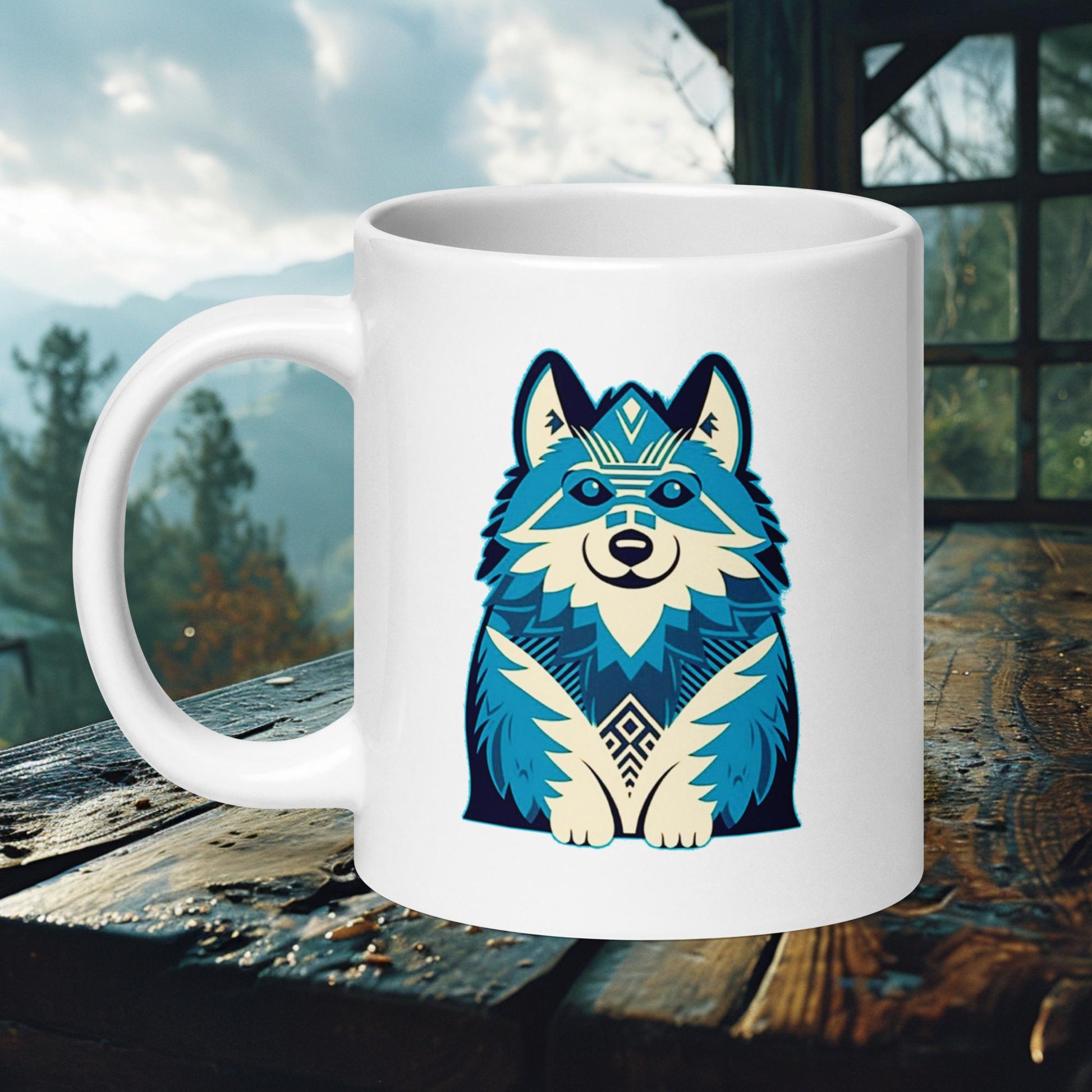 Ceramic mug featuring a vibrant blue Finnish Lapphund in a tribal geometric art style, perfect for art and dog lovers.