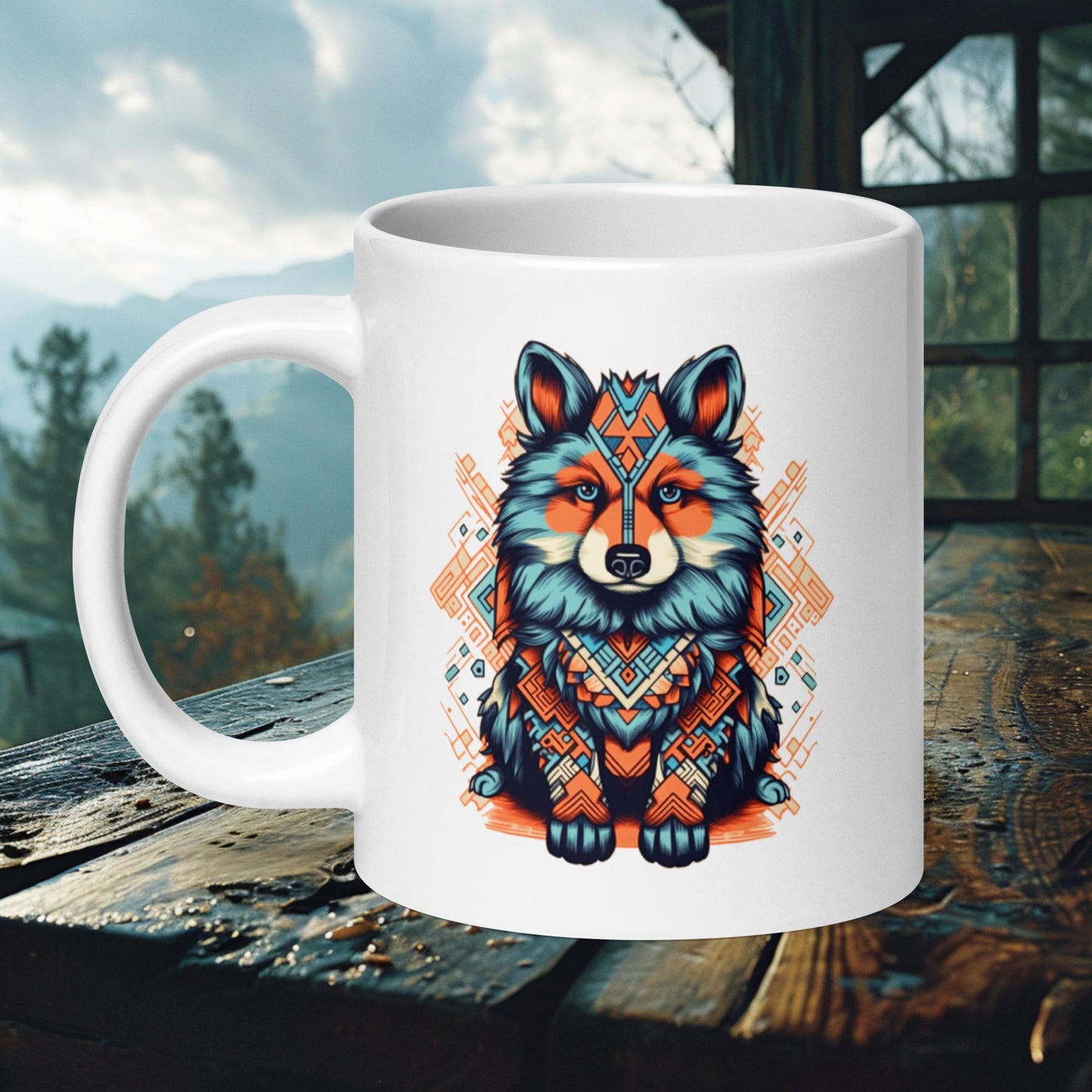 Ceramic mug featuring a Finnish Lapphund in an intricate tribal design with bold orange and blue patterns, ideal for art and dog enthusiasts.