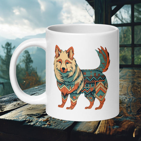 Ceramic mug featuring a Finnish Lapphund with intricate geometric patterns in warm, earthy tones, perfect for boho and dog lovers.