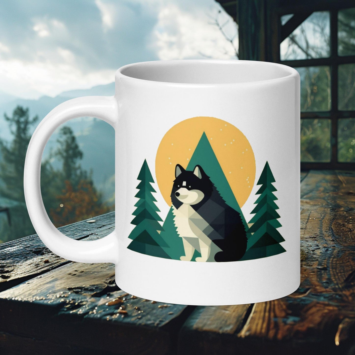 Ceramic mug featuring a geometric Finnish Lapphund design with a forest and mountain sunset backdrop, perfect for nature and dog lovers.