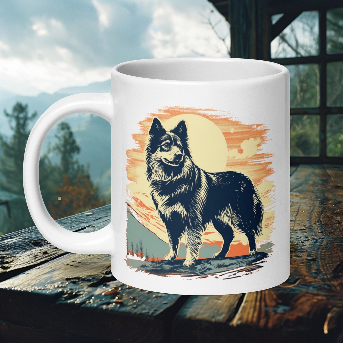 Finnish Lapphund Mug – Vintage Wilderness Art with Sunset Backdrop