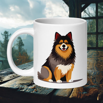 Ceramic mug featuring a cute cartoon-inspired Finnish Lapphund with a playful smile, perfect for dog enthusiasts.