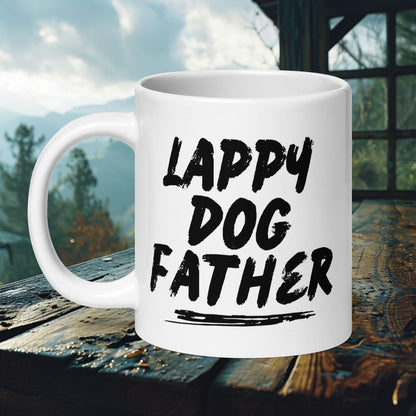 Ceramic mug with 'Lappy Dog Father' text in bold typography, perfect for proud Lapphund dads.