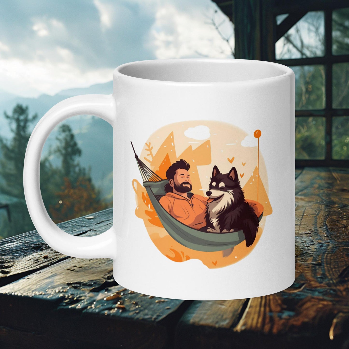 Ceramic mug featuring a Finnish Lapphund and friend in a cozy hammock scene, perfect for dog lovers and nature enthusiasts.