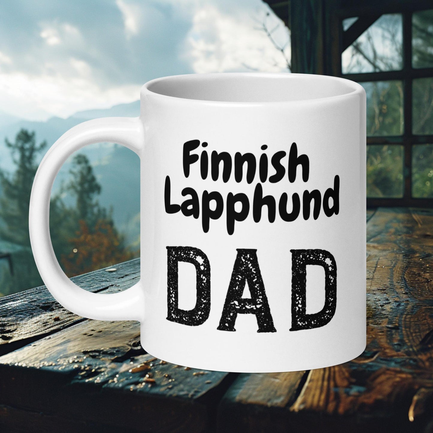 Ceramic mug with 'Finnish Lapphund Dad' text design, perfect for proud Lapphund fathers.