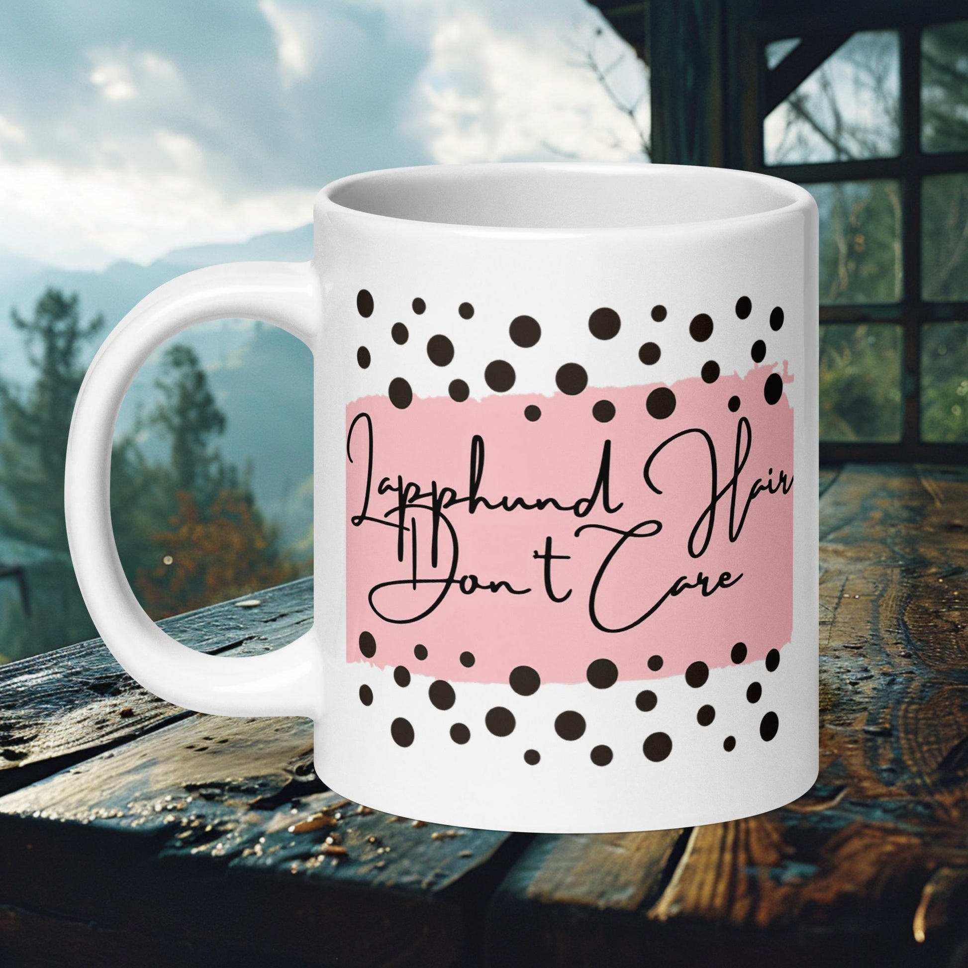 Ceramic mug with 'Lapphund Hair Don't Care' text in a pink and polka dot design, ideal for Lapphund lovers.