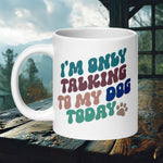 Finnish Lapphund Mug with "I’m Only Talking to My Dog Today" in colorful retro text—ideal for pet lovers and funny gift seekers.  