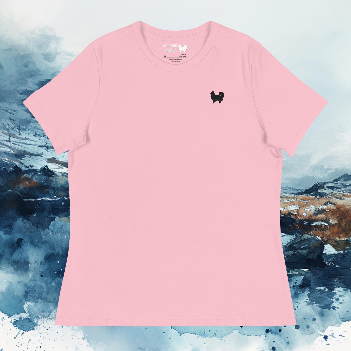 Women's relaxed fit t-shirt featuring a minimalist Lapphund silhouette on the chest, ideal for nature-loving and adventure-seeking dog owners.